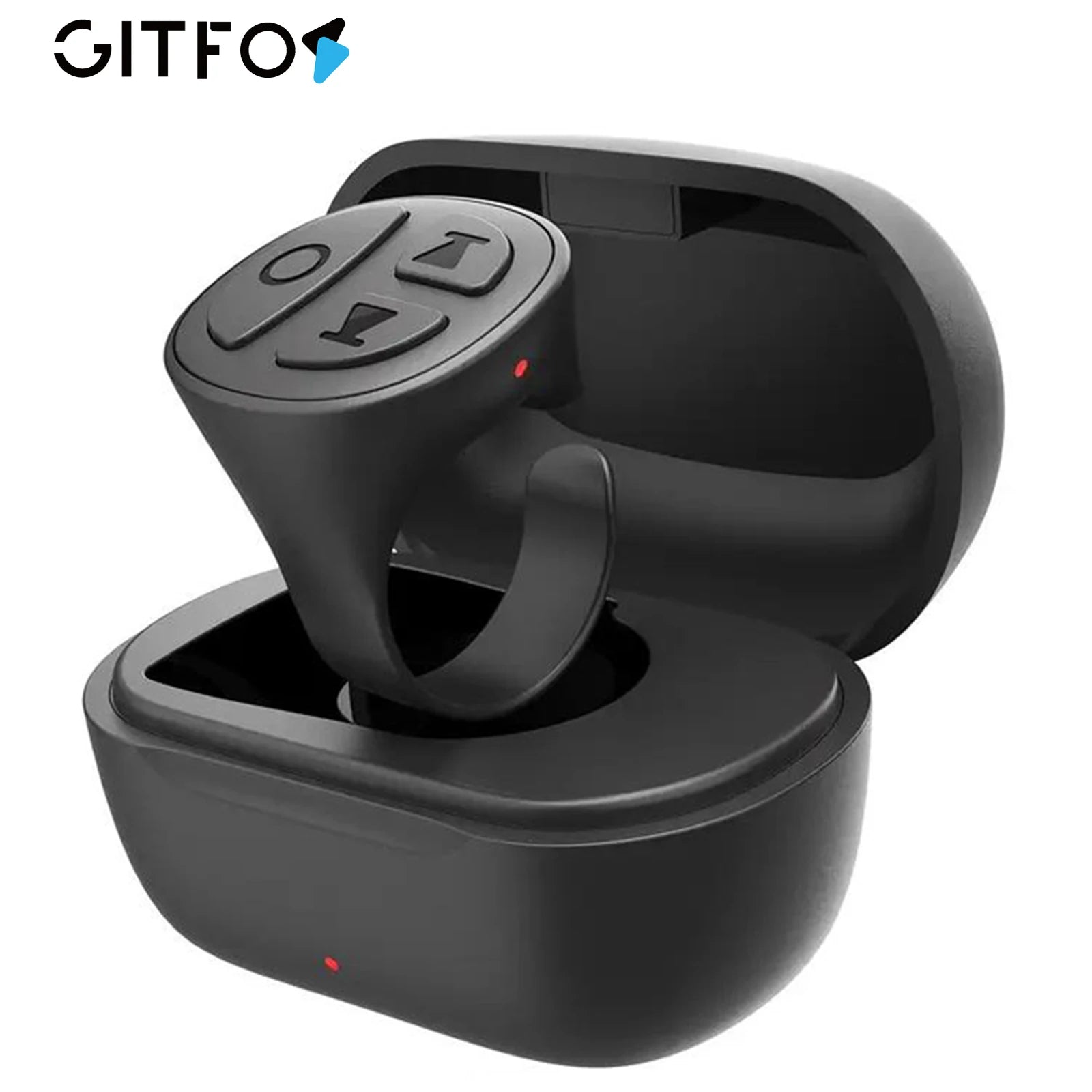 GITFO Bluetooth smart ring with built-in remote control buttons, displayed inside a compact charging case Tik Tok BeTrendy